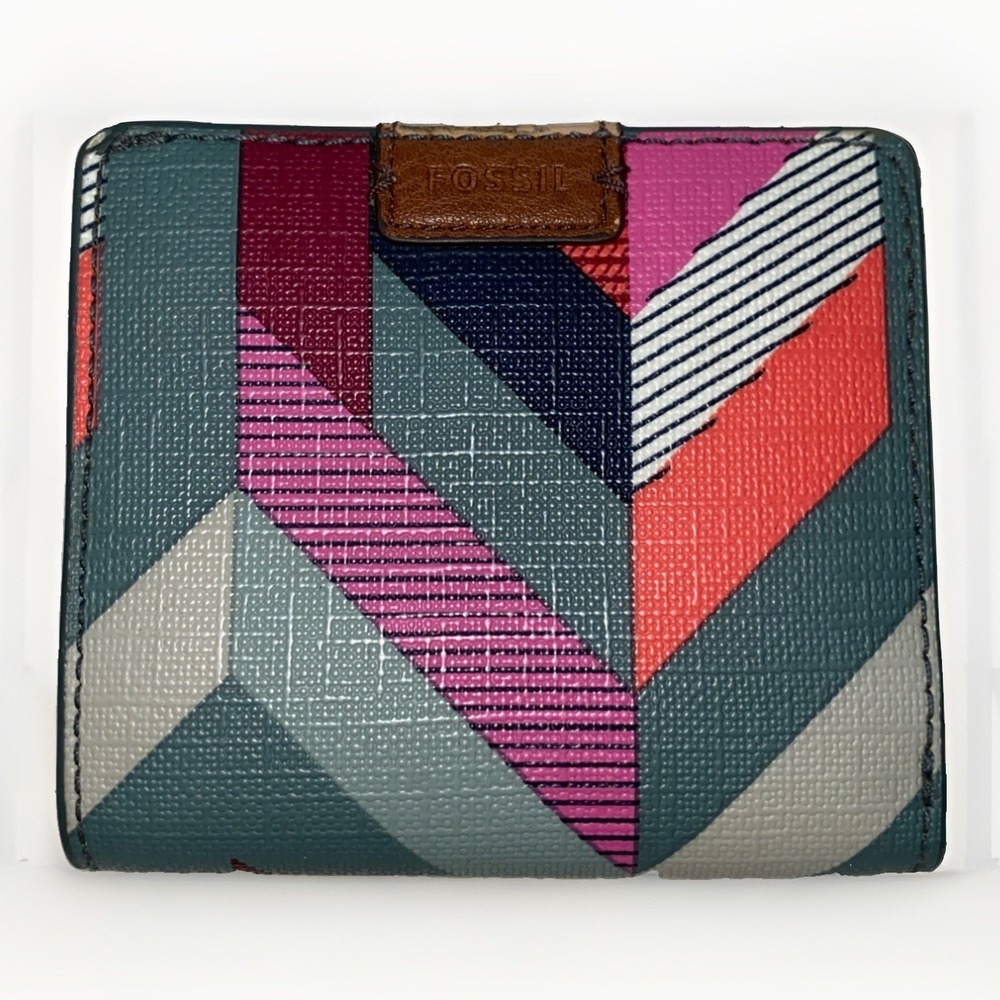Fossil Multicolor Geometric Print Slim Card Holder Wallet Leather Trim